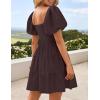 imageZESICA Womens Boho 2025 Summer Square Neck Puff Sleeve Off Shoulder Smocked Tiered Casual A Line Short Mini DressCoffee