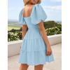 imageZESICA Womens Boho 2025 Summer Square Neck Puff Sleeve Off Shoulder Smocked Tiered Casual A Line Short Mini DressLightblue