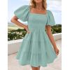 imageZESICA Womens Boho 2025 Summer Square Neck Puff Sleeve Off Shoulder Smocked Tiered Casual A Line Short Mini DressSage