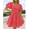 imageZESICA Womens Boho 2025 Summer Square Neck Puff Sleeve Off Shoulder Smocked Tiered Casual A Line Short Mini DressWatermelon