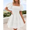 imageZESICA Womens Boho 2025 Summer Square Neck Puff Sleeve Off Shoulder Smocked Tiered Casual A Line Short Mini DressWhite