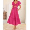 imageZESICA Womens Summer 2025 Boho Vacation Dress Short Puff Sleeve Flowy Smocked Cutout A Line Beach Party DressesRose