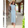 imageZESICA Womens Summer Short Sleeve Bodycon Midi Dresses 2025 Casual Crewneck Knit Wrap Tie Waist T Shirt Long DressBlue