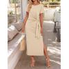 imageZESICA Womens Summer Short Sleeve Bodycon Midi Dresses 2025 Casual Crewneck Knit Wrap Tie Waist T Shirt Long DressKhaki