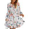 imageZESICA Fall Long Sleeve Floral Dress for Women 2025 Casual V Neck Smocked A Line Flowy Boho Mini Dresses with PocketsIvory