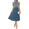 imageZESICA Womens 2025 Casual Striped Midi Dress Crewneck Short Sleeve Button Ribbed Knit Swing Pleated A Line DressesDusty Blue