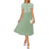 imageZESICA Womens 2025 Casual Striped Midi Dress Crewneck Short Sleeve Button Ribbed Knit Swing Pleated A Line DressesLight Green