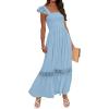 imageZESICA Womens 2025 Summer Lace Strap Sleeveless Square Neck Smocked High Waist Ruffle Hollow Out Flowy A Line Maxi DressLightblue