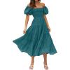 imageZESICA Womens 2025 Summer Square Neck Short Puff Sleeve Solid Color High Waist Casual Smocked Flowy A Line Tiered Midi DressTeal Green