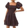 imageZESICA Womens Boho 2025 Summer Square Neck Puff Sleeve Off Shoulder Smocked Tiered Casual A Line Short Mini DressCoffee