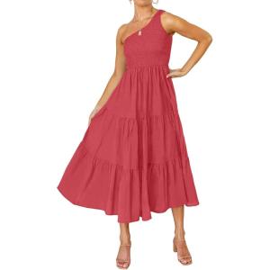 imageZESICA Womens 2025 Bohemian Summer Floral Print One Shoulder Sleeveless Smocked Ruffle Tiered Beach Long Midi DressSolidwatermelon
