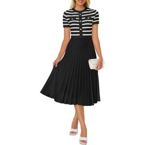imageZESICA Womens 2025 Casual Striped Midi Dress Crewneck Short Sleeve Button Ribbed Knit Swing Pleated A Line DressesBlack