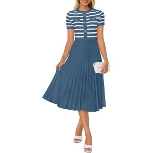 imageZESICA Womens 2025 Casual Striped Midi Dress Crewneck Short Sleeve Button Ribbed Knit Swing Pleated A Line DressesDusty Blue