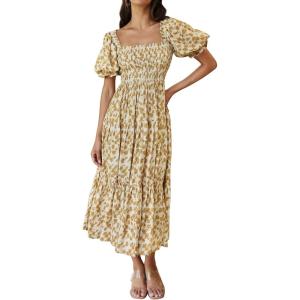 imageZESICA Womens 2025 Summer Boho Floral Print Square Neck Ruffle Swing Beach Long Maxi DressBeige