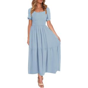 imageZESICA Womens 2025 Summer Boho Floral Print Square Neck Ruffle Swing Beach Long Maxi DressLightblue