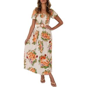 imageZESICA Womens 2025 Summer Boho Floral Print Square Neck Ruffle Swing Beach Long Maxi DressSunsetyellow