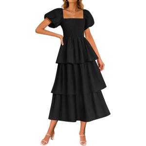 imageZESICA Womens 2025 Summer Boho Midi Dress Short Puff Sleeve Flowy A Line Tiered Beach Vacation Long DressesBlack