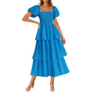 imageZESICA Womens 2025 Summer Boho Midi Dress Short Puff Sleeve Flowy A Line Tiered Beach Vacation Long DressesBlue