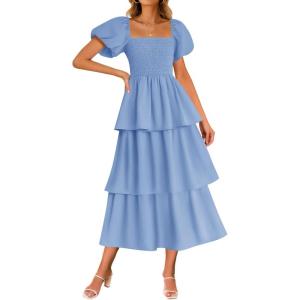 imageZESICA Womens 2025 Summer Boho Midi Dress Short Puff Sleeve Flowy A Line Tiered Beach Vacation Long DressesLight Blue