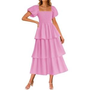 imageZESICA Womens 2025 Summer Boho Midi Dress Short Puff Sleeve Flowy A Line Tiered Beach Vacation Long DressesPink