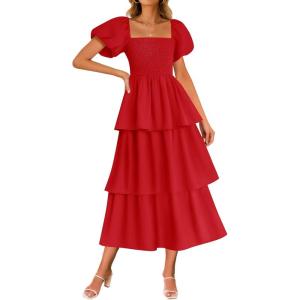 imageZESICA Womens 2025 Summer Boho Midi Dress Short Puff Sleeve Flowy A Line Tiered Beach Vacation Long DressesRed