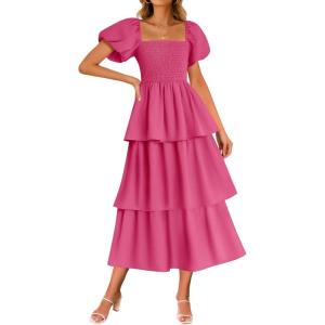 imageZESICA Womens 2025 Summer Boho Midi Dress Short Puff Sleeve Flowy A Line Tiered Beach Vacation Long DressesRose