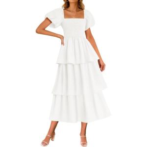 imageZESICA Womens 2025 Summer Boho Midi Dress Short Puff Sleeve Flowy A Line Tiered Beach Vacation Long DressesWhite