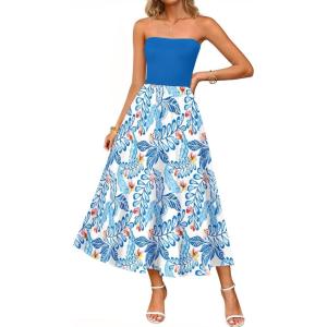 imageZESICA Womens 2025 Summer Boho Strapless Midi Dress Off Shoulder Polka Dot Printed Flowy A Line Long Dresses with PocketsBlue