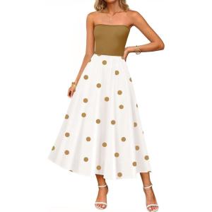 imageZESICA Womens 2025 Summer Boho Strapless Midi Dress Off Shoulder Polka Dot Printed Flowy A Line Long Dresses with PocketsKhaki