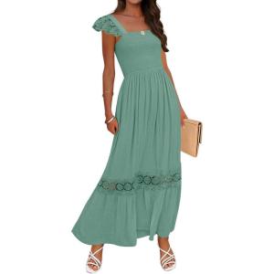 imageZESICA Womens 2025 Summer Lace Strap Sleeveless Square Neck Smocked High Waist Ruffle Hollow Out Flowy A Line Maxi DressGreen