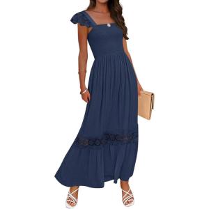 imageZESICA Womens 2025 Summer Lace Strap Sleeveless Square Neck Smocked High Waist Ruffle Hollow Out Flowy A Line Maxi DressNavy