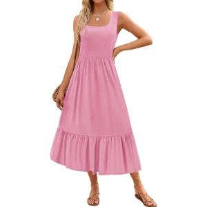 imageZESICA Womens 2025 Summer Sleeveless Dress Square Neck Pleated Swing Casual Maxi Dresses with PocketsPink