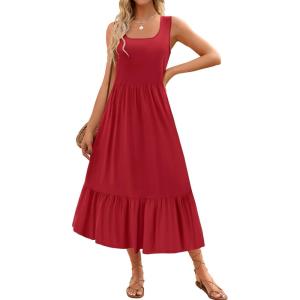 imageZESICA Womens 2025 Summer Sleeveless Dress Square Neck Pleated Swing Casual Maxi Dresses with PocketsRed