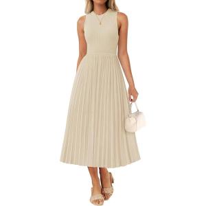 imageZESICA Womens 2025 Summer Sleeveless Midi Dresses Casual Crewneck Ribbed Knit Pleated A Line Swing Long Party DressApricot