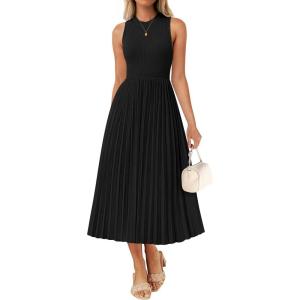 imageZESICA Womens 2025 Summer Sleeveless Midi Dresses Casual Crewneck Ribbed Knit Pleated A Line Swing Long Party DressBlack