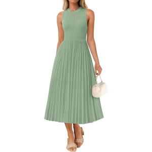 imageZESICA Womens 2025 Summer Sleeveless Midi Dresses Casual Crewneck Ribbed Knit Pleated A Line Swing Long Party DressGreen