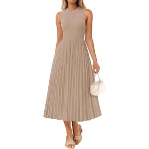 imageZESICA Womens 2025 Summer Sleeveless Midi Dresses Casual Crewneck Ribbed Knit Pleated A Line Swing Long Party DressKhaki