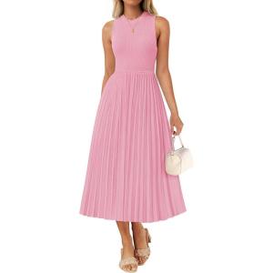 imageZESICA Womens 2025 Summer Sleeveless Midi Dresses Casual Crewneck Ribbed Knit Pleated A Line Swing Long Party DressPink