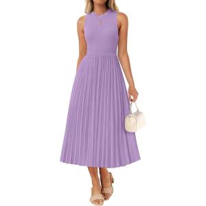 imageZESICA Womens 2025 Summer Sleeveless Midi Dresses Casual Crewneck Ribbed Knit Pleated A Line Swing Long Party DressPurple