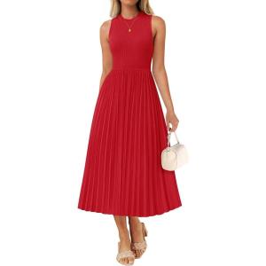 imageZESICA Womens 2025 Summer Sleeveless Midi Dresses Casual Crewneck Ribbed Knit Pleated A Line Swing Long Party DressRed