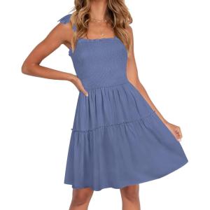 imageZESICA Womens 2025 Summer Spaghetti Strap Sleeveless Square Neck Ruffle A Line Swing Mini DressDustyblue