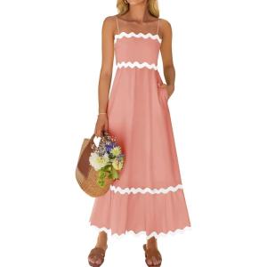 imageZESICA Womens 2025 Summer Spaghetti Straps Sleeveless Backless Sundress Flowy Smocked Lace Swing A Line Midi DressCoral Pink
