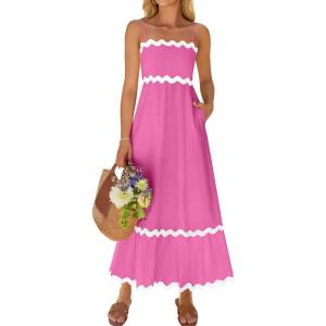 imageZESICA Womens 2025 Summer Spaghetti Straps Sleeveless Backless Sundress Flowy Smocked Lace Swing A Line Midi DressRose Pink