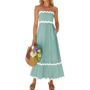 imageZESICA Womens 2025 Summer Spaghetti Straps Sleeveless Backless Sundress Flowy Smocked Lace Swing A Line Midi DressSage