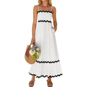 imageZESICA Womens 2025 Summer Spaghetti Straps Sleeveless Backless Sundress Flowy Smocked Lace Swing A Line Midi DressWhite