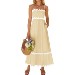 imageZESICA Womens 2025 Summer Spaghetti Straps Sleeveless Backless Sundress Flowy Smocked Lace Swing A Line Midi DressYellow