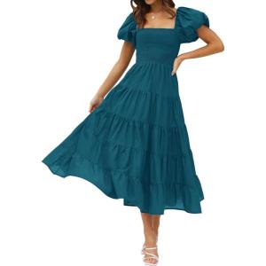 imageZESICA Womens 2025 Summer Square Neck Short Puff Sleeve Solid Color High Waist Casual Smocked Flowy A Line Tiered Midi DressTeal
