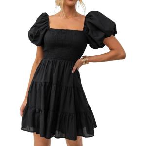 imageZESICA Womens Boho 2025 Summer Square Neck Puff Sleeve Off Shoulder Smocked Tiered Casual A Line Short Mini DressBlack