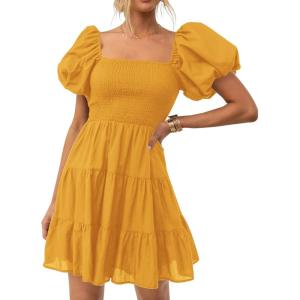 imageZESICA Womens Boho 2025 Summer Square Neck Puff Sleeve Off Shoulder Smocked Tiered Casual A Line Short Mini DressYellow