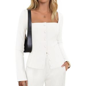 imageZESICA Womens Fall Square Neck Blazers 2025 Casual Long Sleeve Button Up Work Business Fitted Blazer JacketsCream